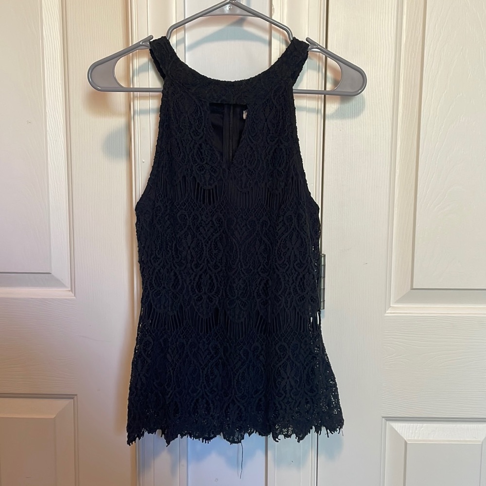 Black eyelet tank top, chest cutout detail